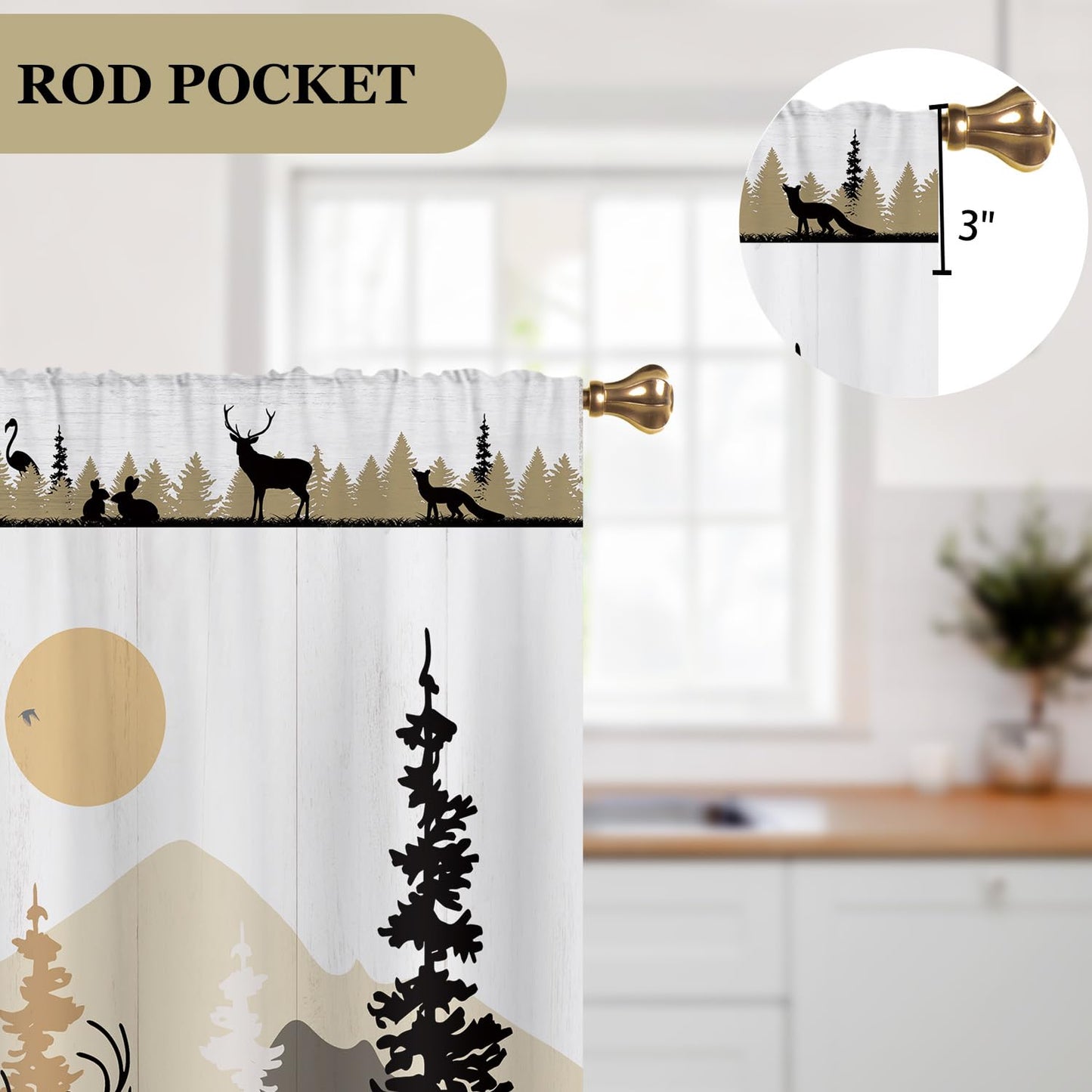 Cizuug Farmhouse Forest Cabin Kitchen Curtains Rustic Wooden Small Short Cafe Window Curtains Tree Country Deer Bear Rod Pocket Bathroom Window Drapes Treatment Tier Curtains 2 Panels (27.5x39 Inch)