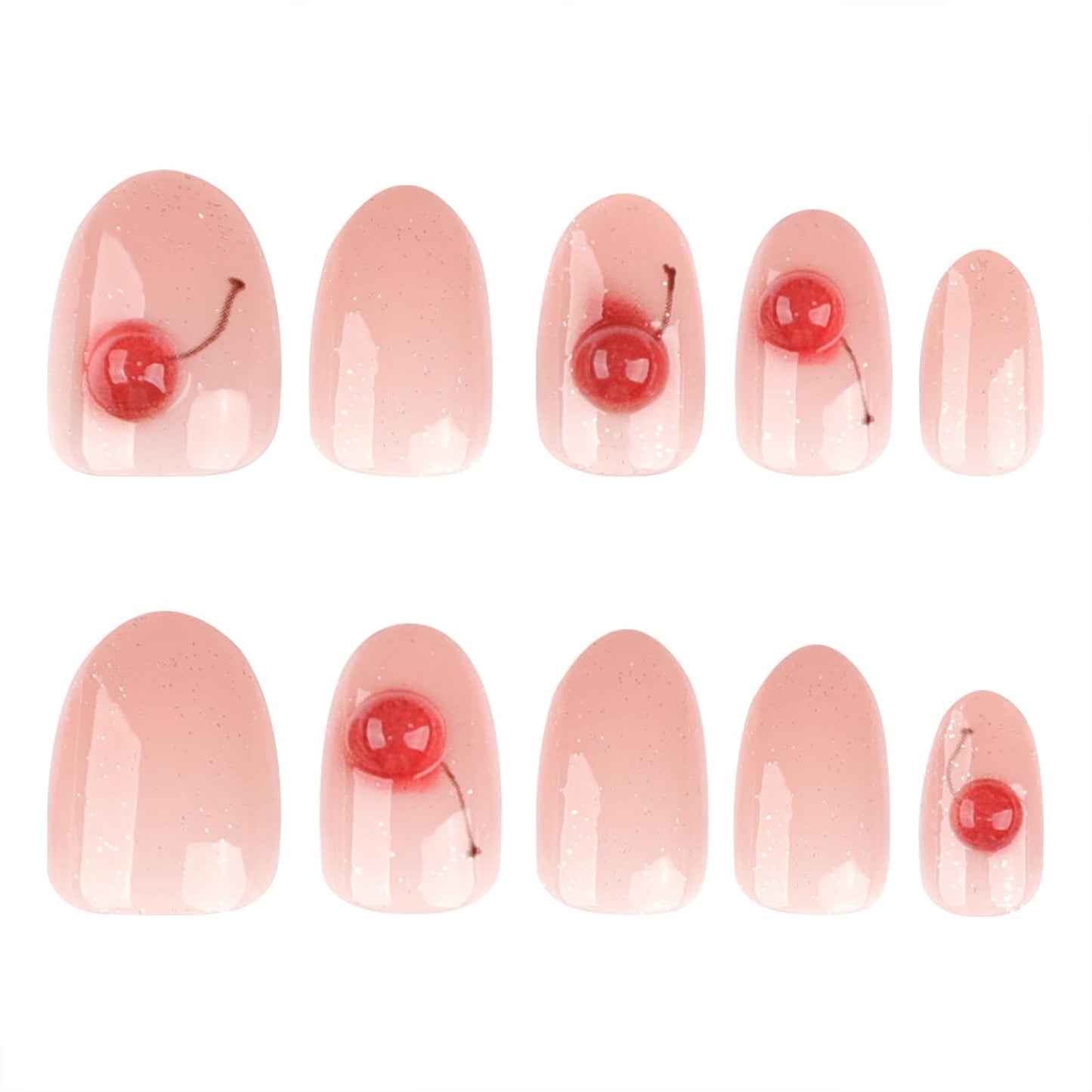 Oval Press On Nails Short – Pink Glitter Jelly Fake Nails with Cherry Accent, Glossy Acrylic Stick On Nails, Reusable 24PCS False Nails Kit with Glue & Tools for Women