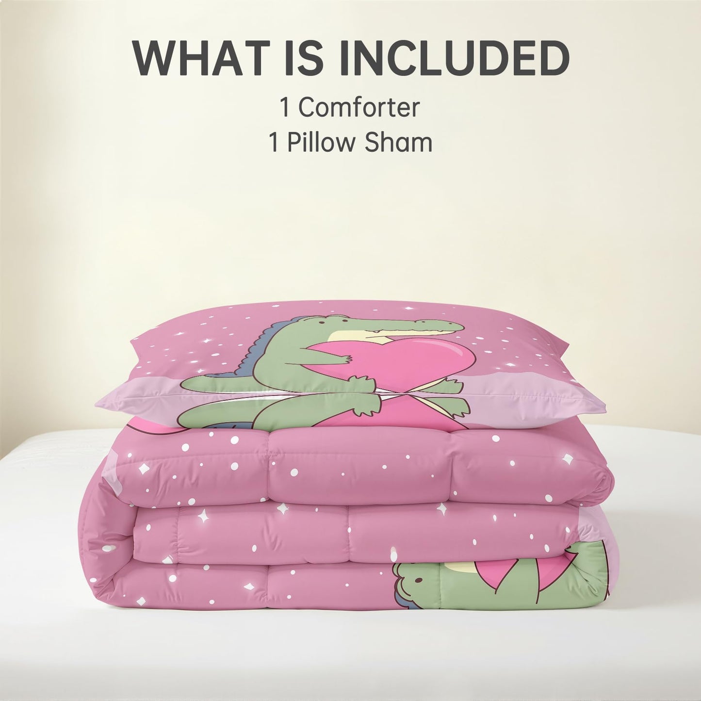 Alligator Comforter Set Twin Size 2 Pcs - All Season Comforter & Pillowcase, Crocodile Bedding Set, Soft Lightweight Down Alternative Duvet Insert, Girls Pink Valentines Day Bedroom Decor