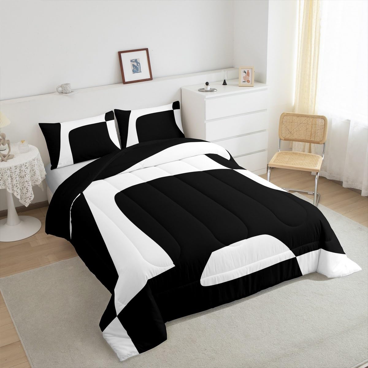 Erosebridal Black and White Abstract Queen Comforter Set for Adult Women Men Boho Geometric Striped Bedding Set Minimalist Modern Art Bed Set Simple Aesthetic Modern Quilt Set