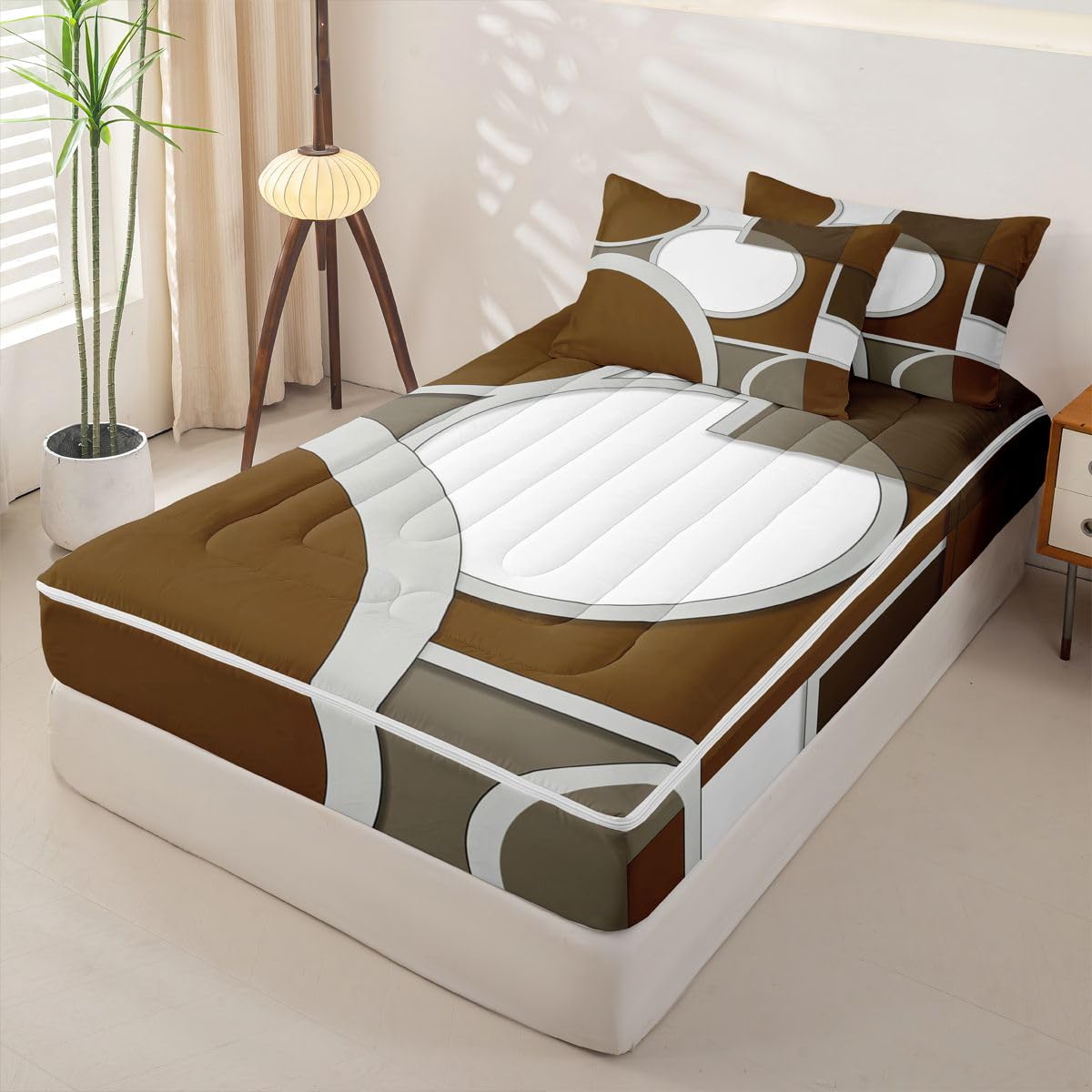 jejeloiu Abstract Neutral Art Comforter Set Full Size Zipper Bedding Set for Girls Boys Abstract Geometric Comforter with Fitted Sheet, Pillowcases Modern Zipper Bedding Soft Breathable Bed in a Bag