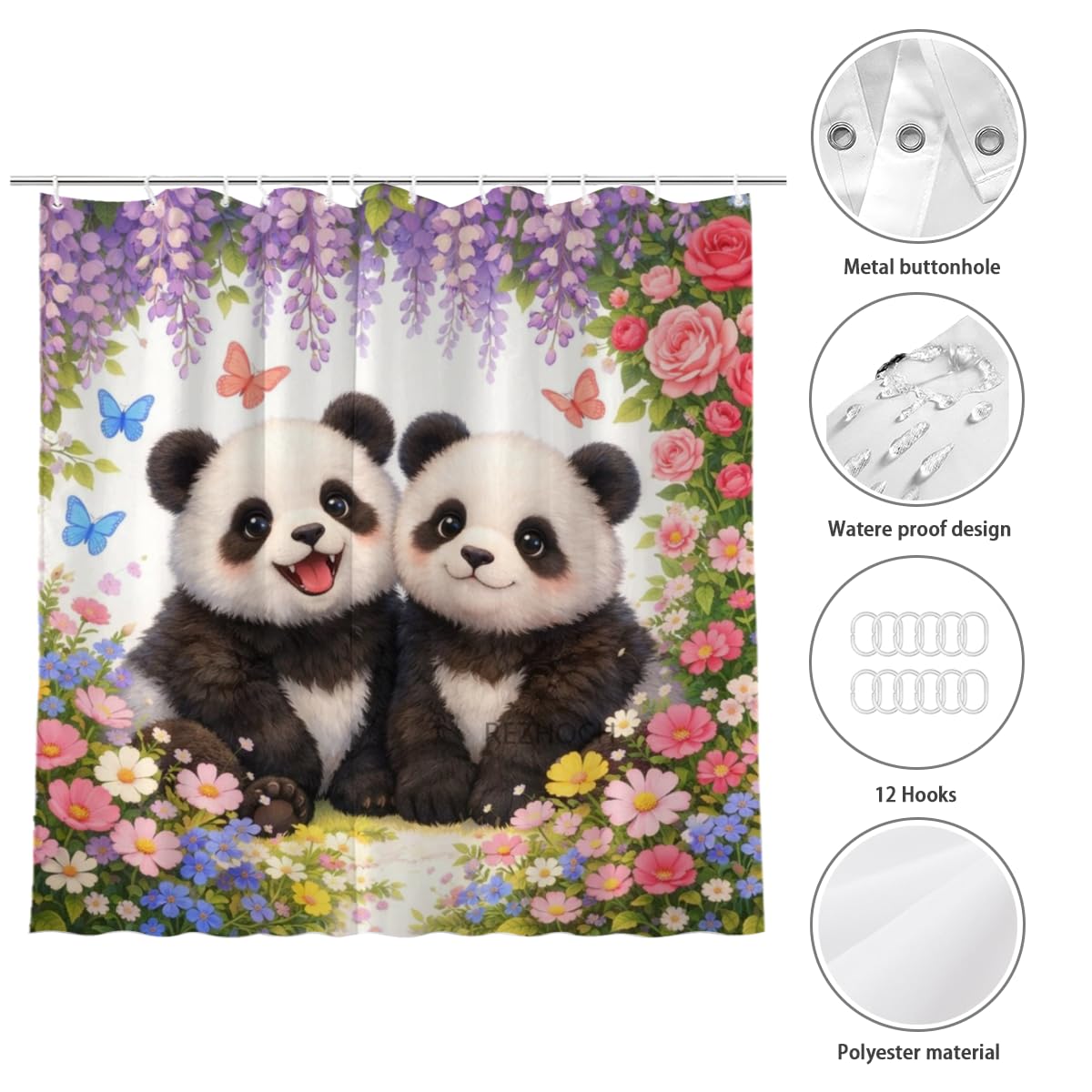REZHOCH Fun Panda Shower Curtain 72x72Inch,Floral Home Bathroom Decor Spring Summer Garden Flowers Wisteria Rose Butterfly,Cute Animal Waterproof Fabric Bath Set with Hooks