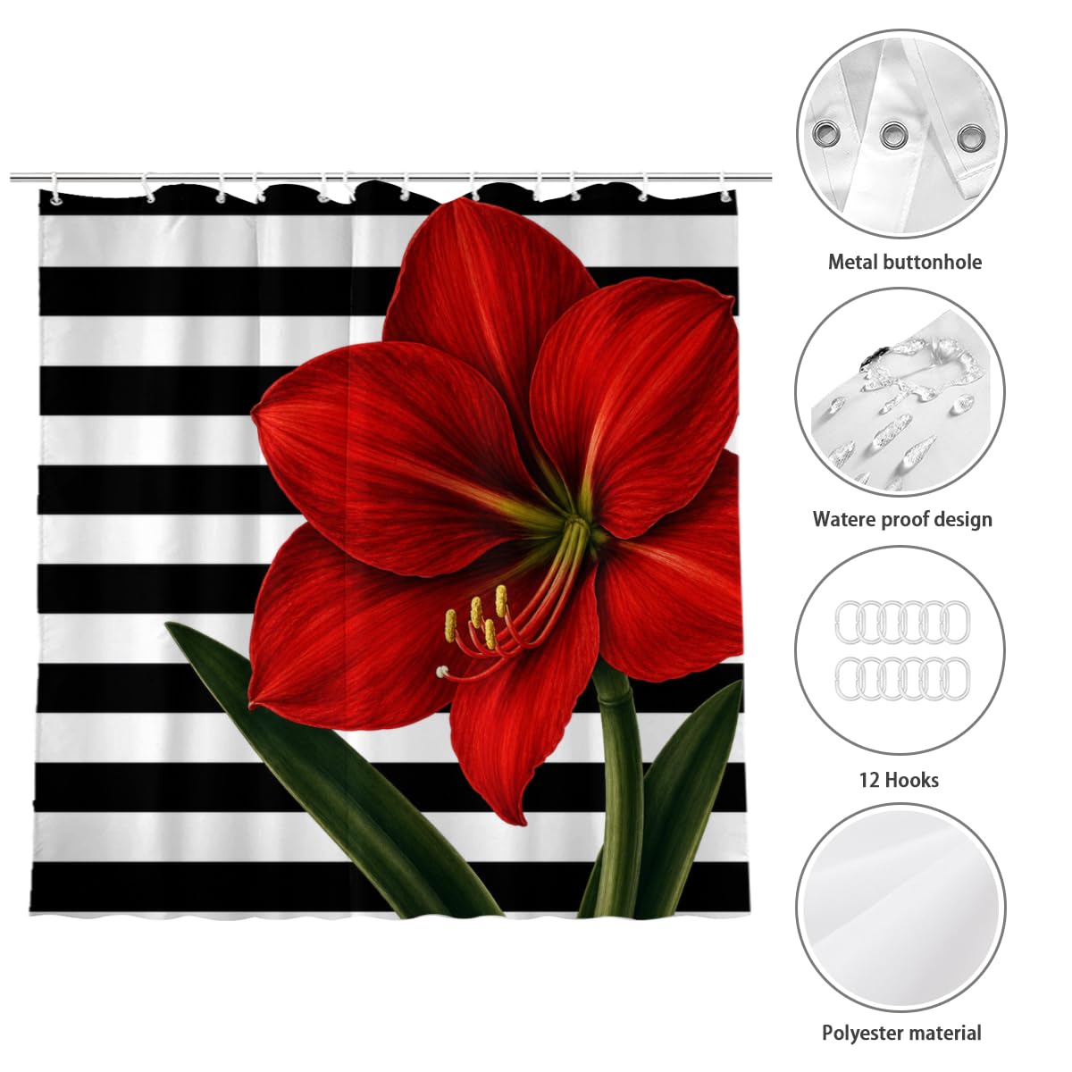 TopPacific Red Amaryllis Stripe Shower Curtain 72x72 Inch Shower Curtain with 12 Hooks Polyester Red Amaryllis Flower Green Leaves Black White Stripes Bathroom Decor