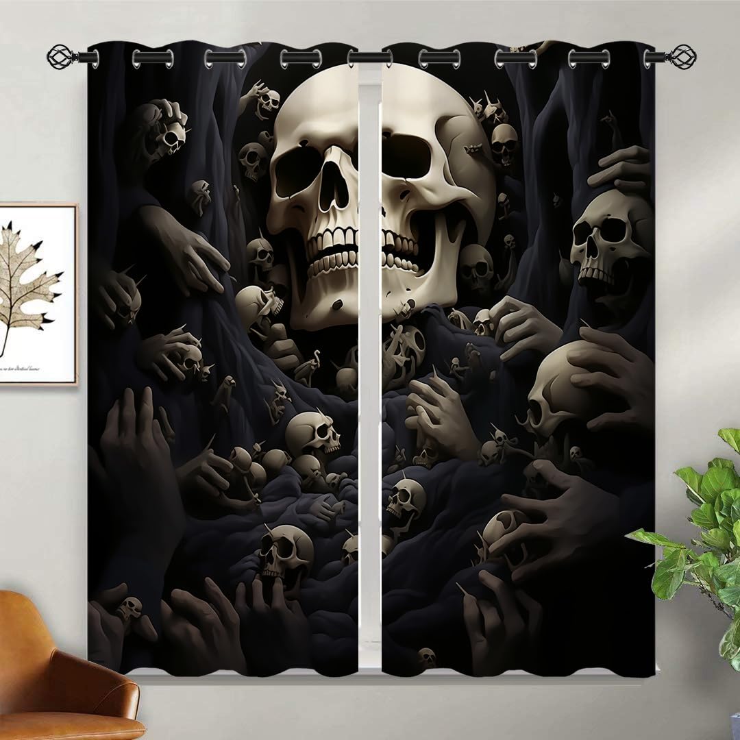 ONINUO Gothic Skull Blackout Curtains for Girls Boy Home Decor, Day of The Dead Scary Spooky Halloween Grommet Thermal Insulated Drapes Darkening Window Curtain for Bedroom Living Room, 42 x 45 Inch