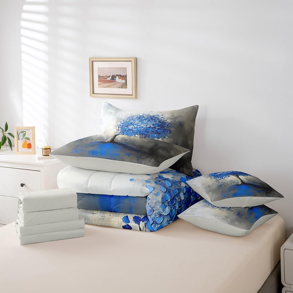 Blue Tree Branches Pattern 7 Pieces Bedding Set Twin Size Kids Leaf Branches Bed in a Bag with Comforter, Sheets, Pillowcases Fallen Leaves Bed Set Breathable Botanical Room Comforter Set with Sheets