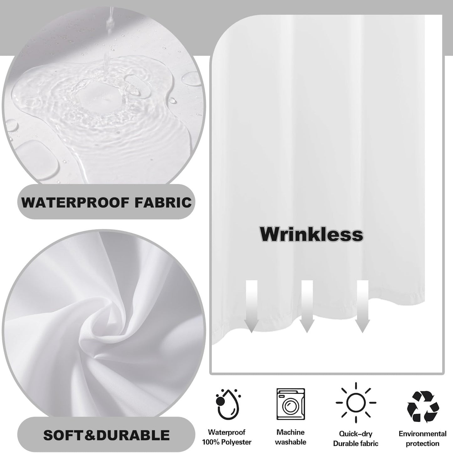 TWLSNCD No Hook Shower Curtain with Snap in Liner, White Shower Curtains and Liner Set, Hotel Fabric Bath Curtain for Bathroom, Mesh Top Window Waterproof Washable, 71" x 74"