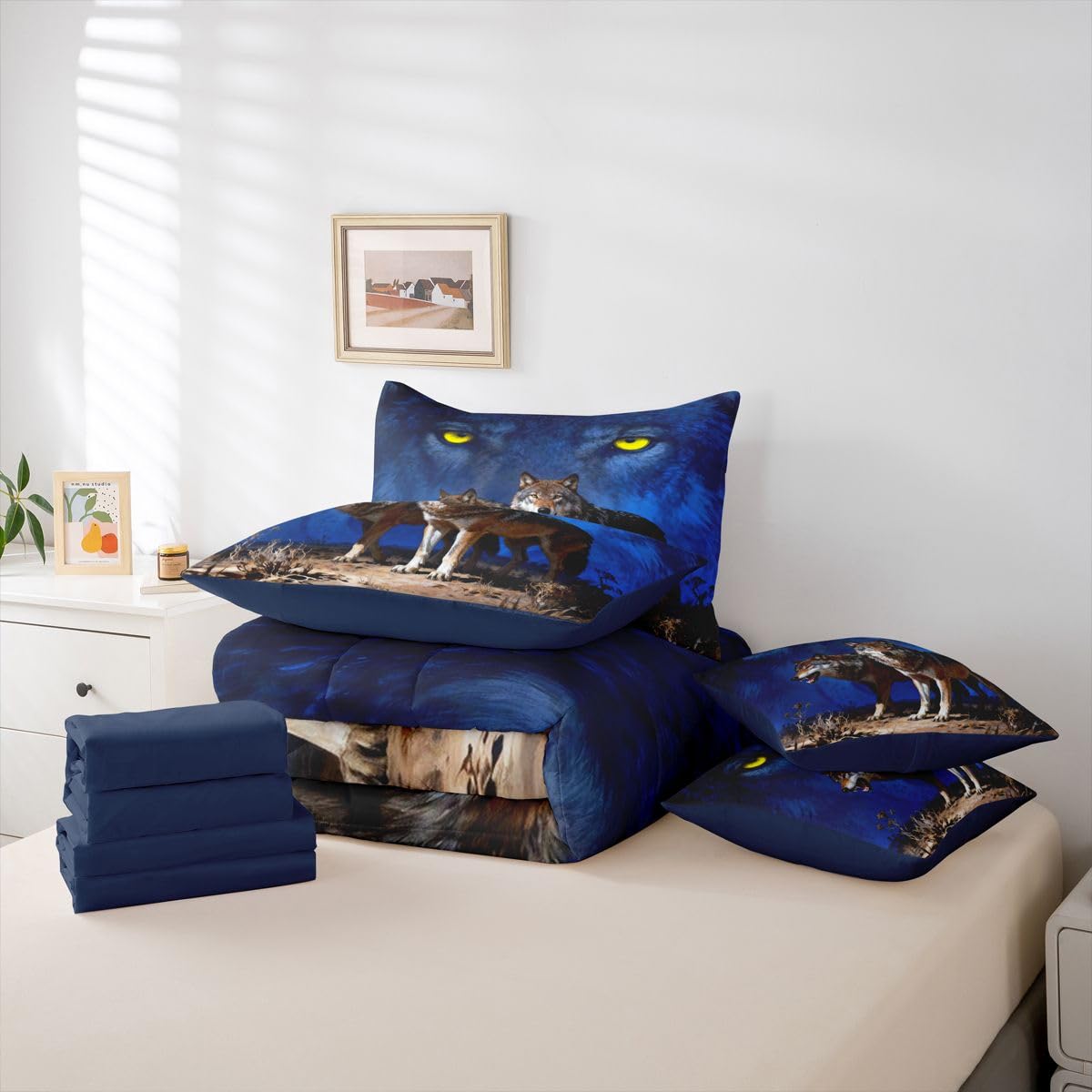 Feelyou Wolf Comforter Set Queen Size 7 Pieces Wolves Howling Bedding Set for Kids Boys Girls Western Farmhouse Bed in a Bag with Comforter, Sheets, Pillowcases, Cushion Covers Wild Animal