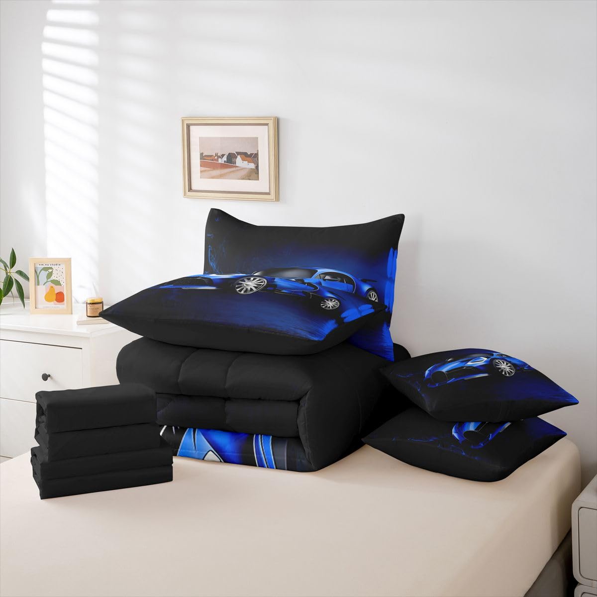 Feelyou Sports Car 7 Piece Bedding Set Blue Race Car Comforter Set with Sheets for Kids Boys Girls Extreme Sports Theme Bed in a Bag Cool Speed Luxury Car Decor Bed Set with 2 Pillowcases Queen