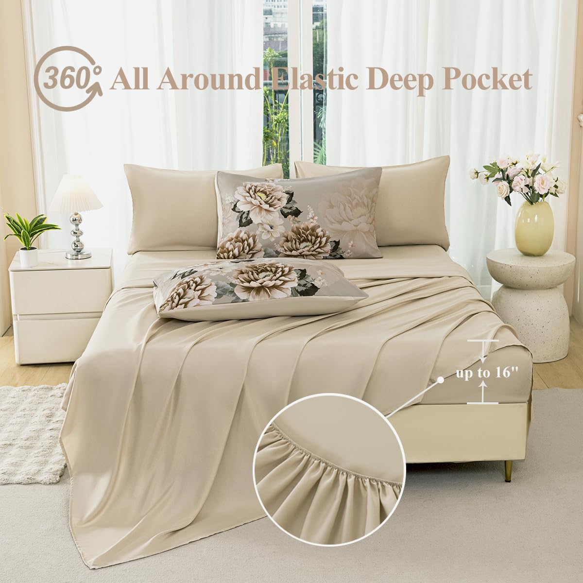 ZSYAYAHA Queen Bed Comforter Set Khaki Floral Bedding Sets Floral Bed Sets for Women Gorgeous 7 Pieces Bed in A Bag with Peony Pattern(Khaki, Queen)