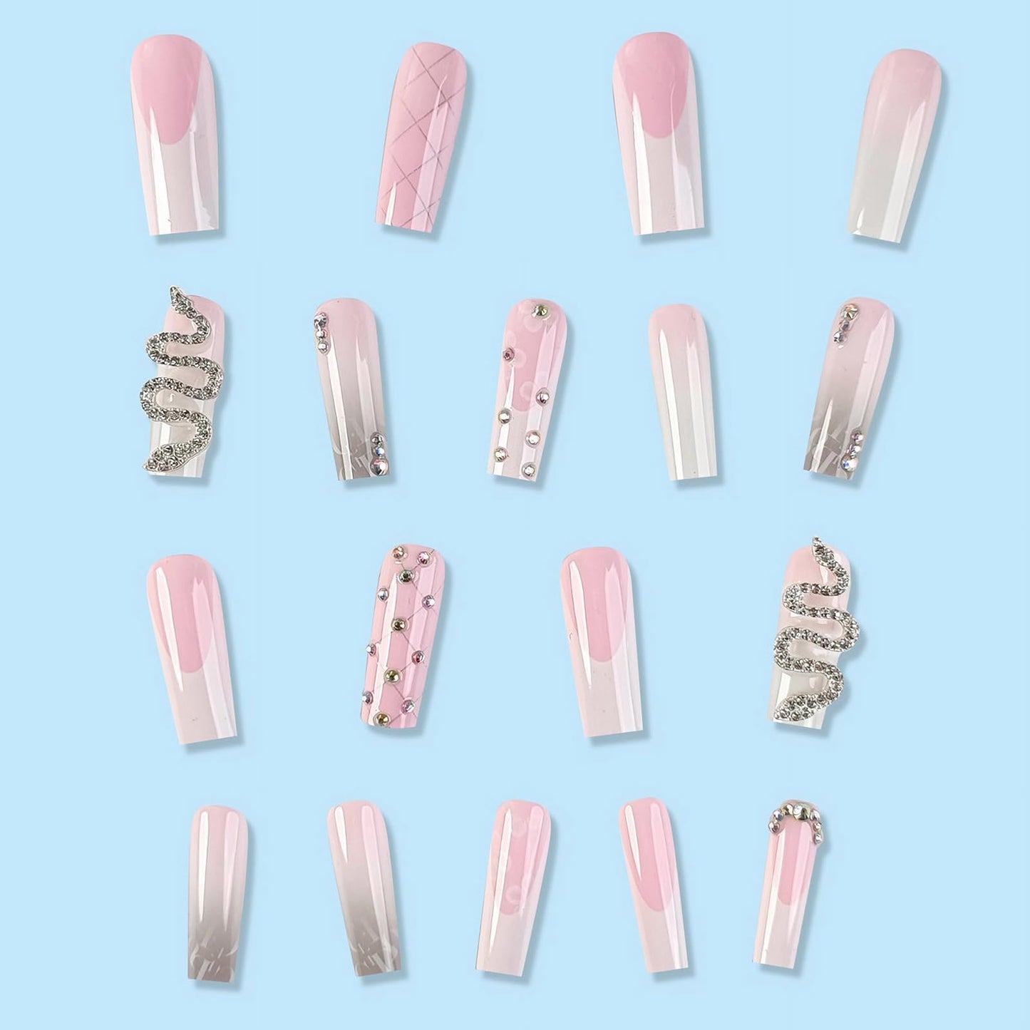 MISUD Press on Nails - Long Square Glue on Nails with French Tip, Acrylic Goth Snake Rhinestone Design 24 pcs