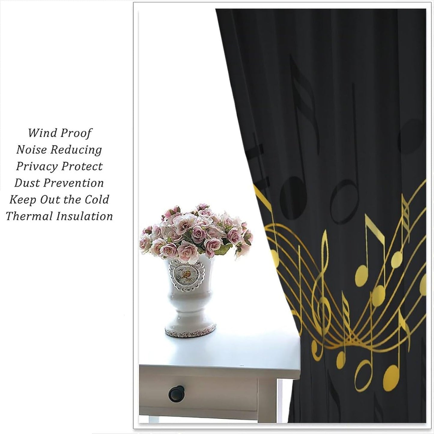 HZOHNAGO Music Curtains Black and Golden Music Notes Pattern Blackout Print Rod Pocket Window Drapes for Bedroom Living Room 42x45in