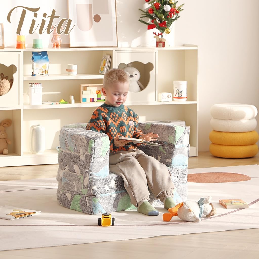 Tiita 3-in-1 Kids Sofa Bed, Comfy Couch Plush Toddler Chair Bed, Convertible Toddler Travel Beds, Folding Kids Couch with Washable Cover Carrying Handle for Girls and Boys