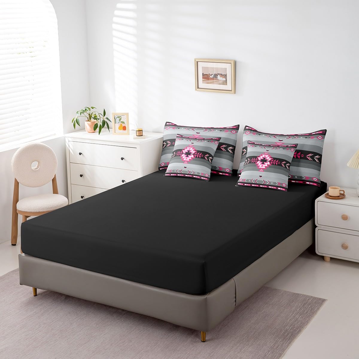 Southwest Native American Bedding Set Queen Southwestern Geometric 7 Piece Bedding Set Decor Tribal Rose Pink Grey Black Bed Set Includes Comforter, Sheet Set, Pillowcases & Pillow Covers Modern Art
