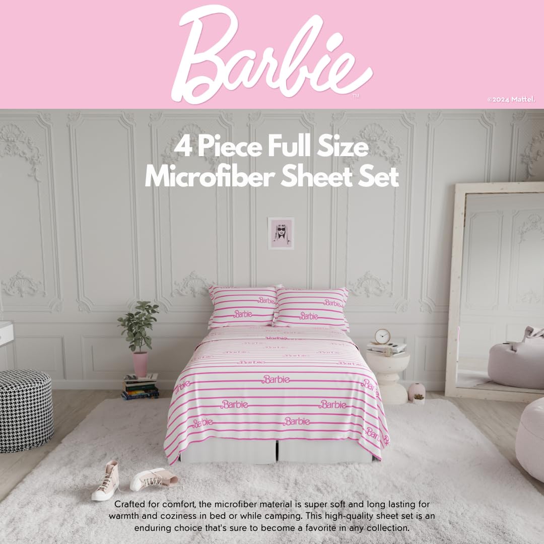 Barbie Logo Bedding Super Soft Cozy Microfiber 4 Piece Full Sheet Set, (Officially Licensed Product) By Franco