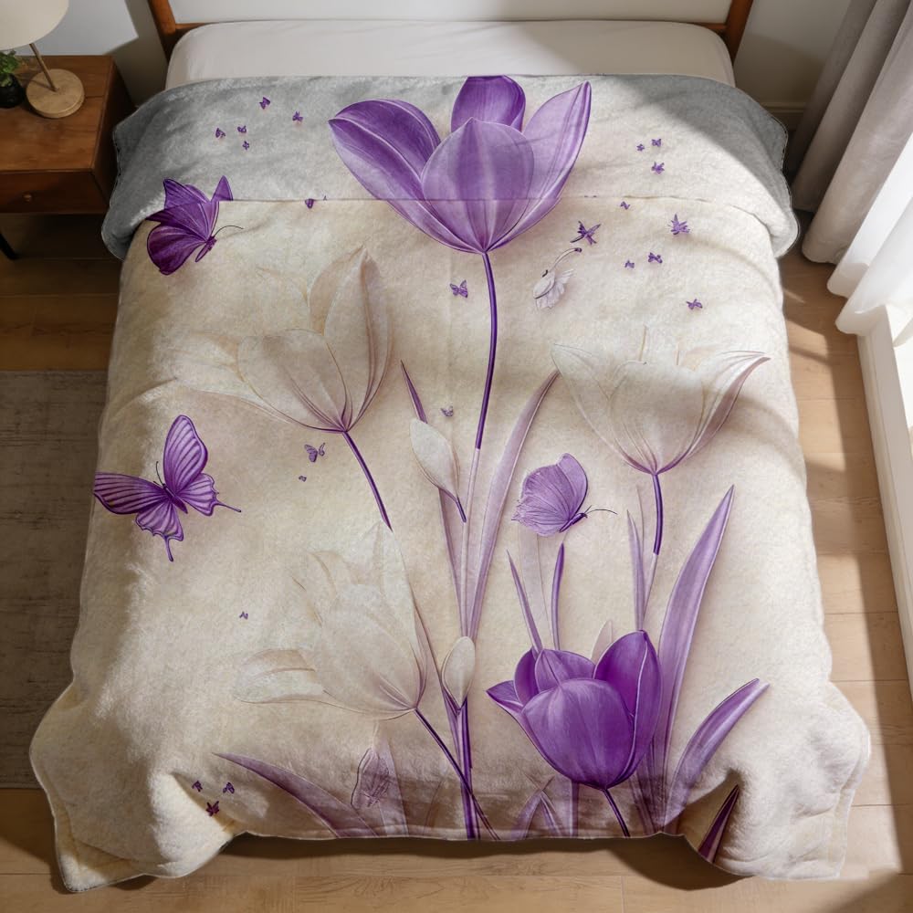 ZHOUSHUTONG White Purple Tulip Butterfly Flannel Throw Blanket, Soft Cozy Warm Plush Floral Blanket for Couch Bed Sofa, Elegant Flower Print Decorative Blanket, Gift for Women Girls 49"x59"