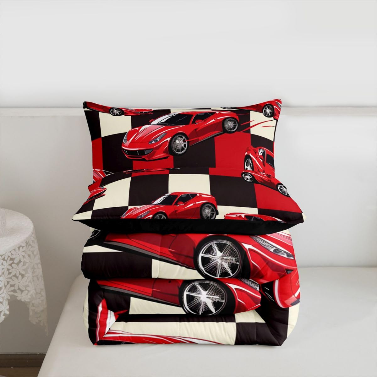Erosebridal Red Racing Car Full Comforter Set for Boys, Cool Speed Race Car Bedding Set for Kids Youth Men Teens Room Decor, Extreme Sport Comforter, Grid Buffalo Quilt, 3 Piece