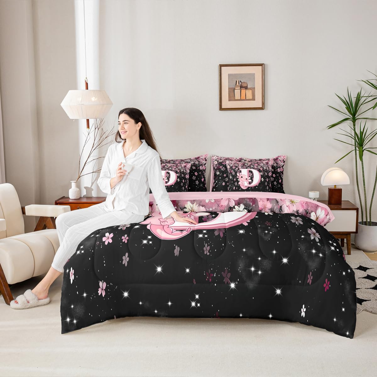 Erosebridal Japanese Cherry Blossom Bed in A Bag (Twin Size,7 Pieces) Cute Initial Axolotl Comforter Set with Sheets for Teen Girl Pink Axolotl Bedding Set with Letter D Design Monogram Duvet Insert