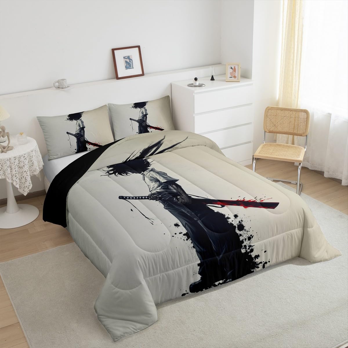 jejeloiu Kids Afro Samurai Comforter Set Queen Size Anime Bedding Set for Boys Girls Japanese Style Duvet Quilt,1 Comforter+ 2 Pillow Shams