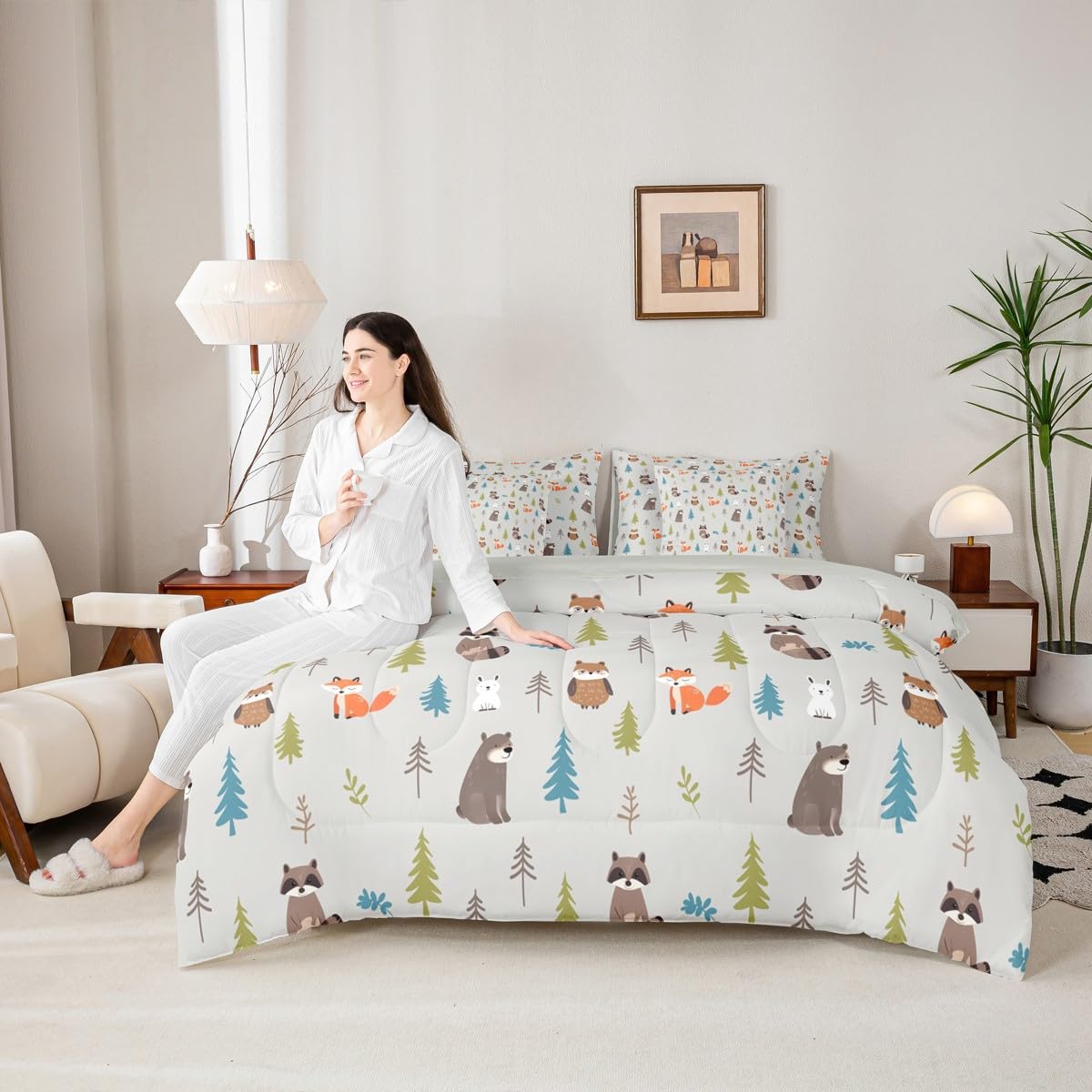 Erosebridal Woodland Animals 7 Piece Comforter Set Twin for Nursery Child Bedroom | Cute Fox Bear Raccoon Bedding Set Wildlife Sheet Set Kids Cartoon Wild Animals Duvet Insert Botanical Trees Quilt