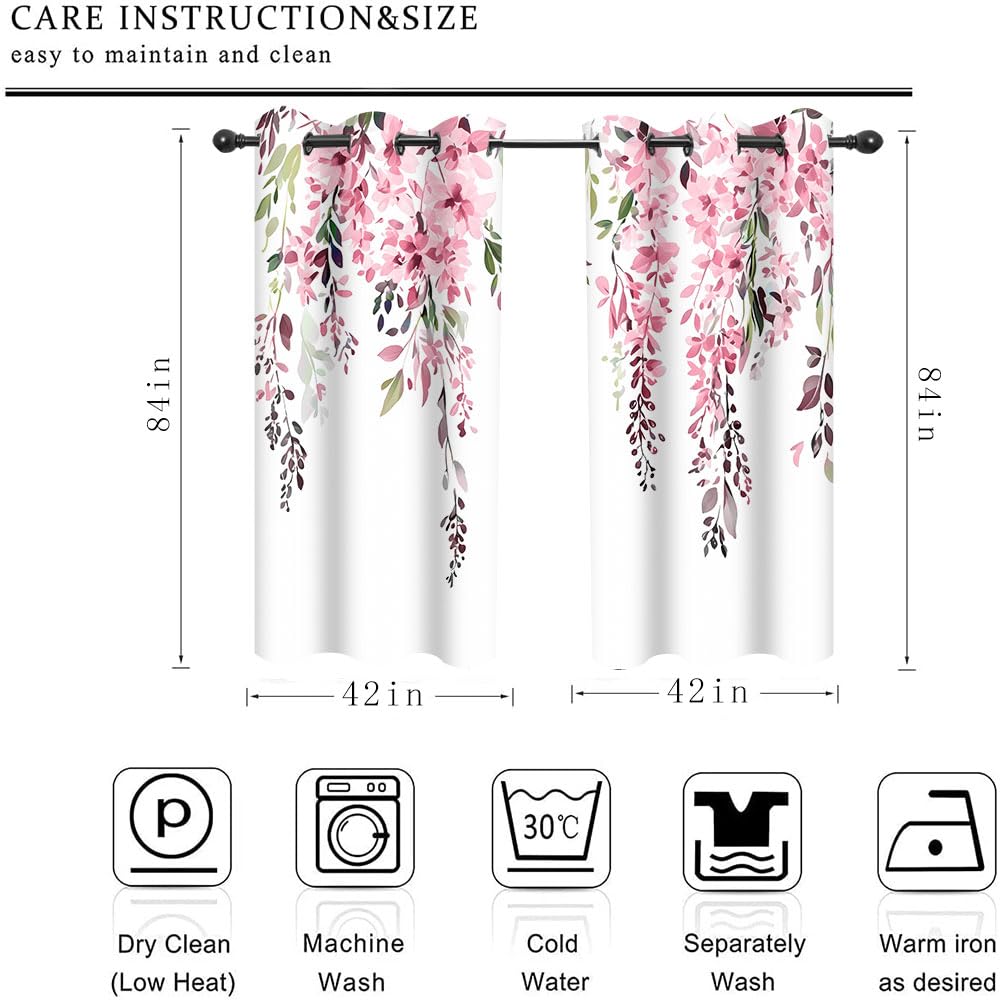 EOTDMS Pink Watercolor Floral Curtains 84 inches Long, Botanical Leaves Vine Flowers Rustic Farmhouse Curtains, Blackout Window Treatment Drapes for Bedroom Living Room 42x84inch, 2 Panels