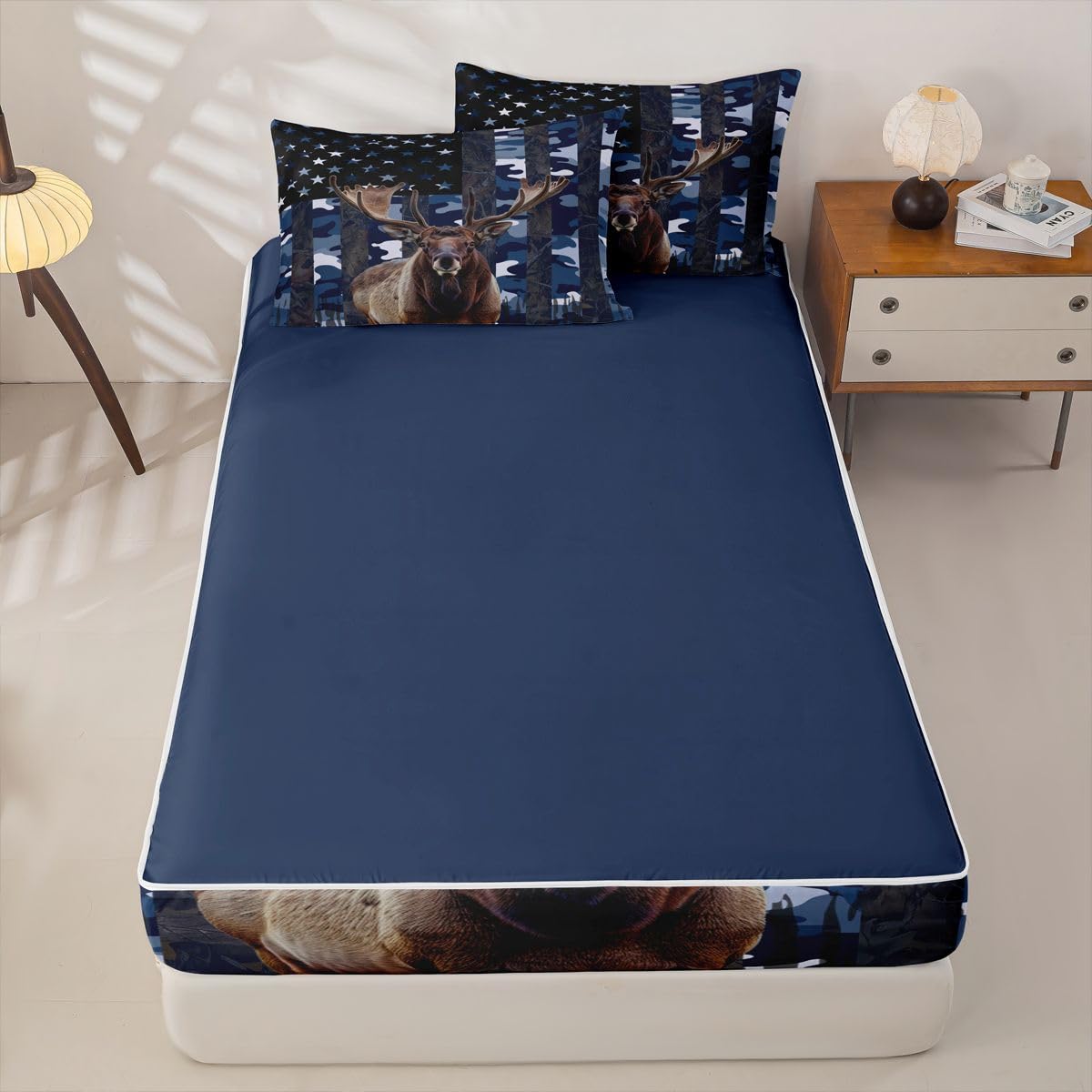 jejeloiu Moose Elk Hunting Camo Zipper Bedding Sets for Kids Boys Girls Rustic Western Deer Twin Comforter Set with Fitted Sheet American Flag Bedroom Decor Microfiber with 2 Pillow Cases