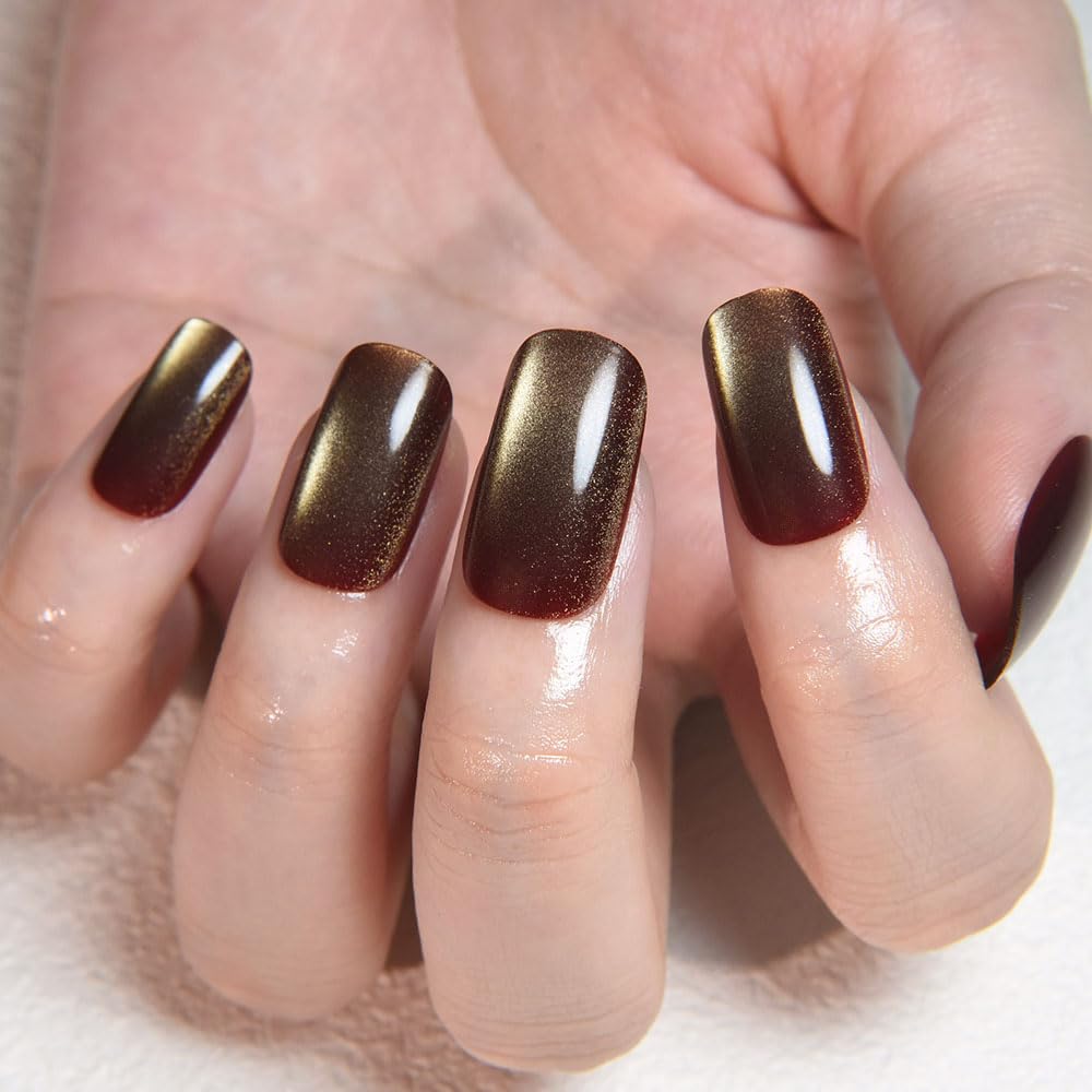 Brown Khaki Reflective Cat Eye Press on Nails Medium Square, Medium Square Press Stick on Nails Chrome for Women, Holographic Glitter Glossy Reusable Gel Acrylic Fake Nail with Designs Cateye Effect