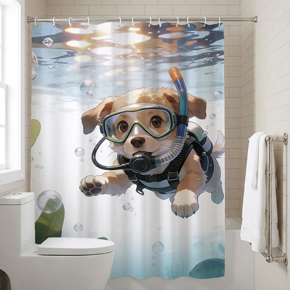 Shower Curtain Cute Swimming Dog Shower Curtains Easy Hook Waterproof Bathroom Window Curtains Quick Dry Machine Washable Curtain Easy Clean One Piece Bathroom Decor 71×71 Inch
