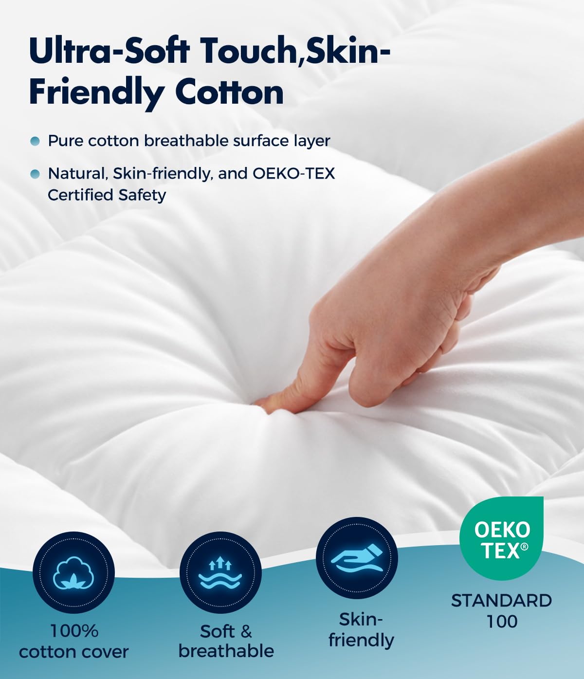 Fracho Cotton Mattress Topper Full Size, Extra Thick Pillow Top Mattress Pad Cover with Breathable Pure Cotton Surface, Cooling Plush Bed Topper for Back Support, 8-21" Elastic Deep Pocket,White