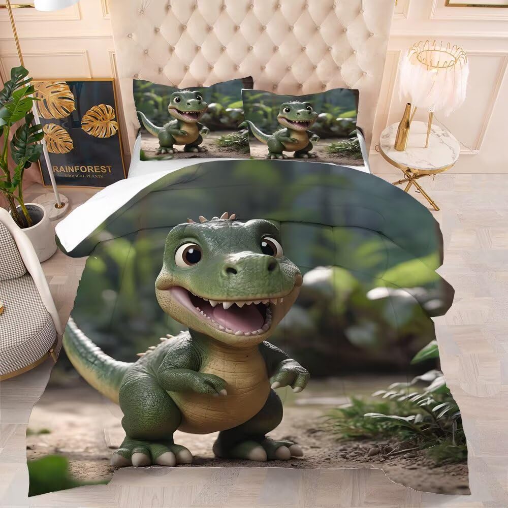 VTKON 3D Dinosaur Bedding Set Queen Size for Boys, Cute Kids Dinosaur Comforter Set, Dino Bedding Toddler Bed Set with 1 Comforter and 2 Pillowcases, Green