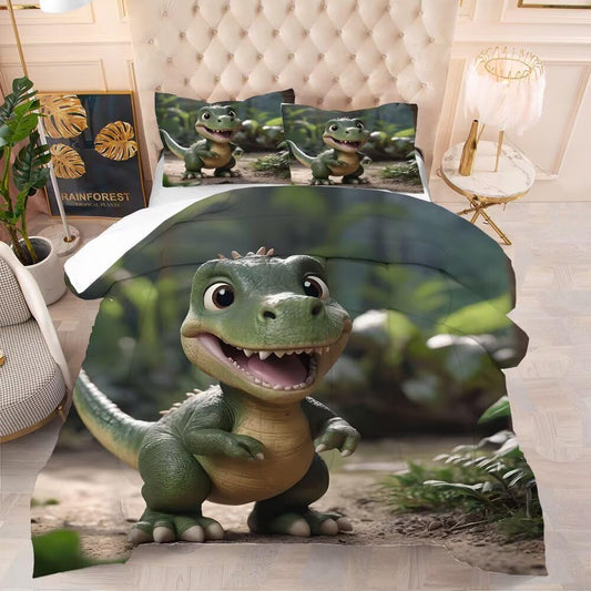 VTKON 3D Dinosaur Bedding Set Queen Size for Boys, Cute Kids Dinosaur Comforter Set, Dino Bedding Toddler Bed Set with 1 Comforter and 2 Pillowcases, Green