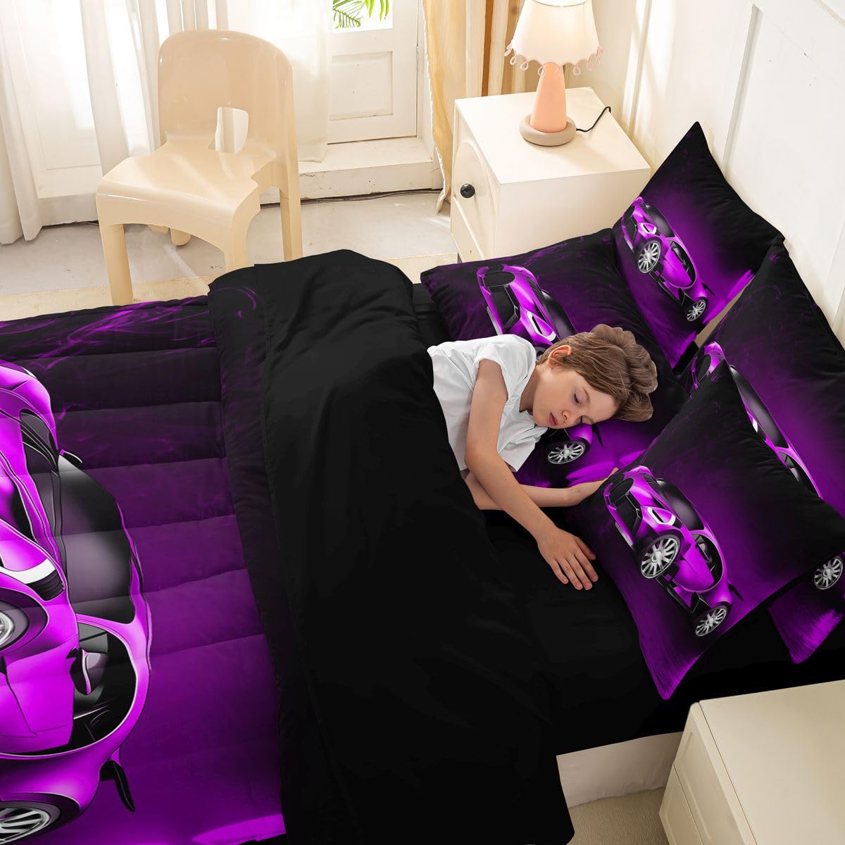 Feelyou Sports Car 7 Piece Bedding Set Purple Race Car Comforter Set with Sheets for Kids Boys Girls Extreme Sports Bed in a Bag Cool Speed Luxury Car Decor Quilt with 2 Pillowcases Queen