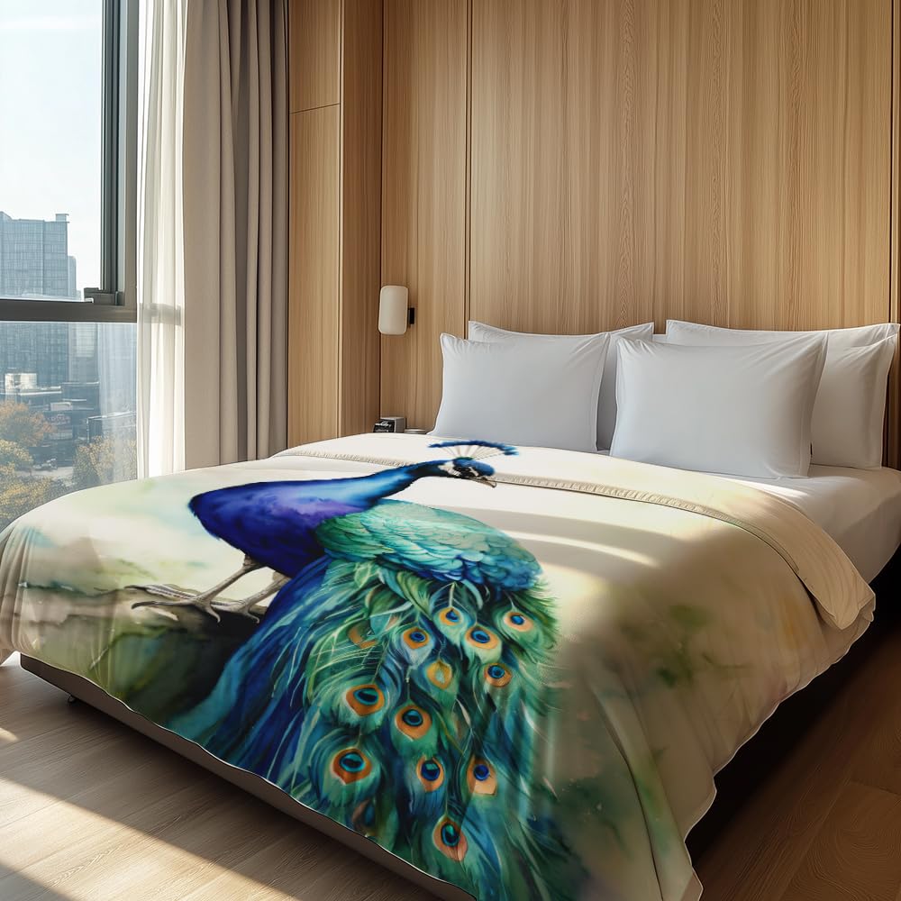 HUNXIAOJ Peacock Throw Blanket for Couch Peacock Themed Decor Animal Print Blanket King Size Soft Warm Flannel for Sofa Bed (50 in x 60 in)