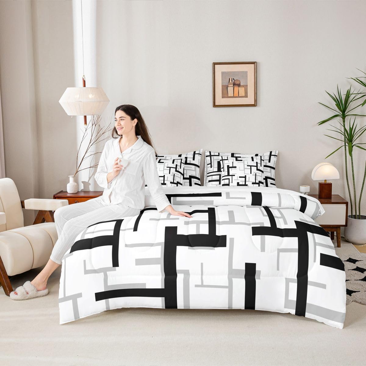 jejeloiu Geometric Comforter Set King Size 7 Pieces Black White Geometrical Bedding Set for Kids Boys Girls Stripe Line Bed in a Bag with Comforter, Sheets, Pillowcases, Cushion Covers Bedroom Decor