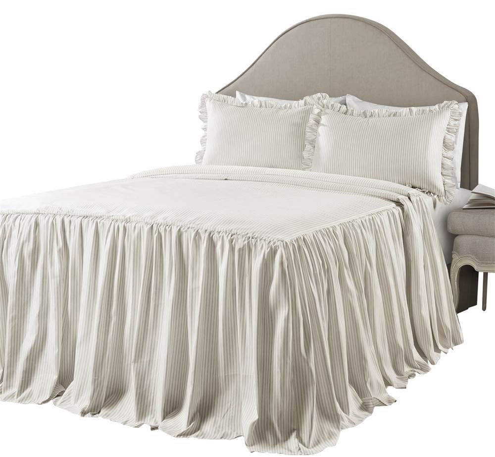 Lush Decor Ticking Stripe Bedspread Queen Size 3 Piece Set Wheat - Ruffle Bedding Set Queen Bedspreads - Striped Bedding - Farmhouse & Coquette Decor
