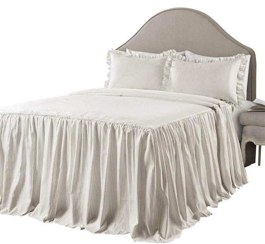 Lush Decor Ticking Stripe Bedspread Queen Size 3 Piece Set Wheat - Ruffle Bedding Set Queen Bedspreads - Striped Bedding - Farmhouse & Coquette Decor