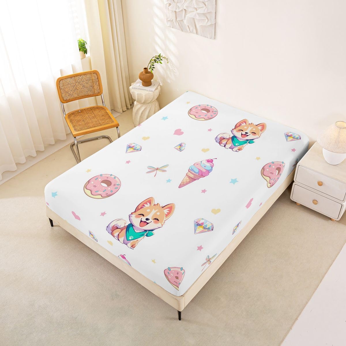 Castle Fairy Cartoon Dog Fitted Sheet Queen Size (No Flat),Sweety Ice Cream Bedding Sets 3Pcs,Girls Boys Adult Room Decor,Dragonfly Diamond Bed Cover Love Heart Deep Pocket Sheet,2 Pillowcases