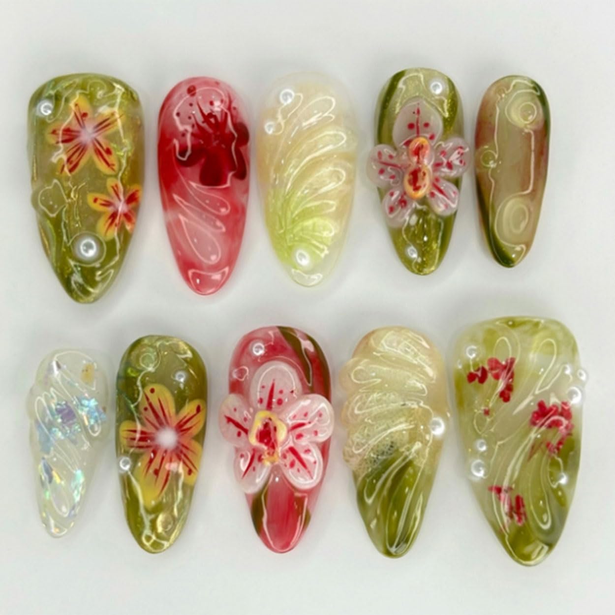 Press on Nails Almond Medium Fall Ombre Fake Nails French Tip False Nails Press ons with Pearl Design Glue on Nails Artificial Acrylic Nail Art Glossy Full Cover Stick on Nail Supplies for Women 24Pcs