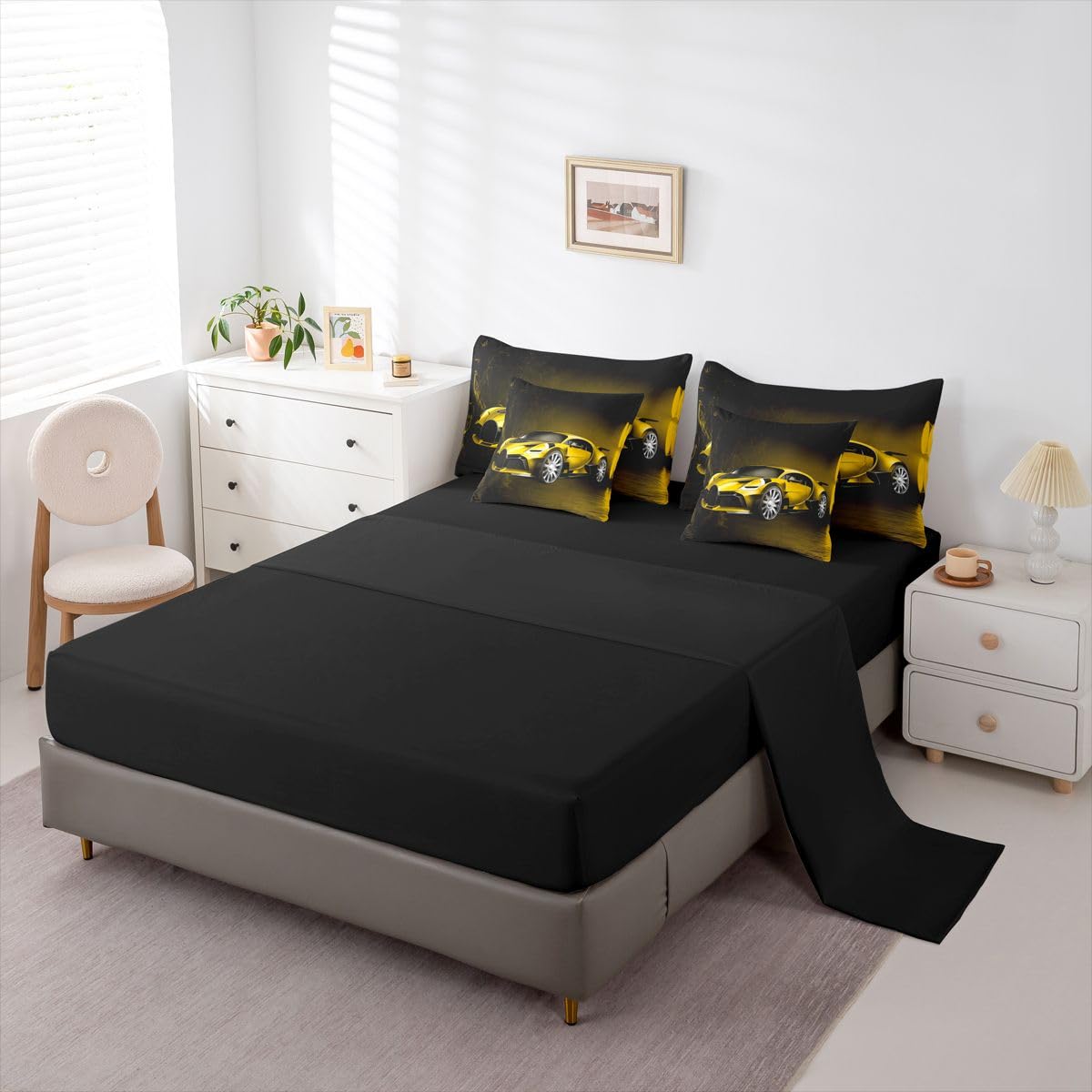 Feelyou Sports Car 7 Piece Bedding Set Yellow Race Car Comforter Set with Sheets for Kids Boys Girls Extreme Sports Bed in a Bag Cool Speed Luxury Car Decor Quilt with 2 Pillowcases Queen