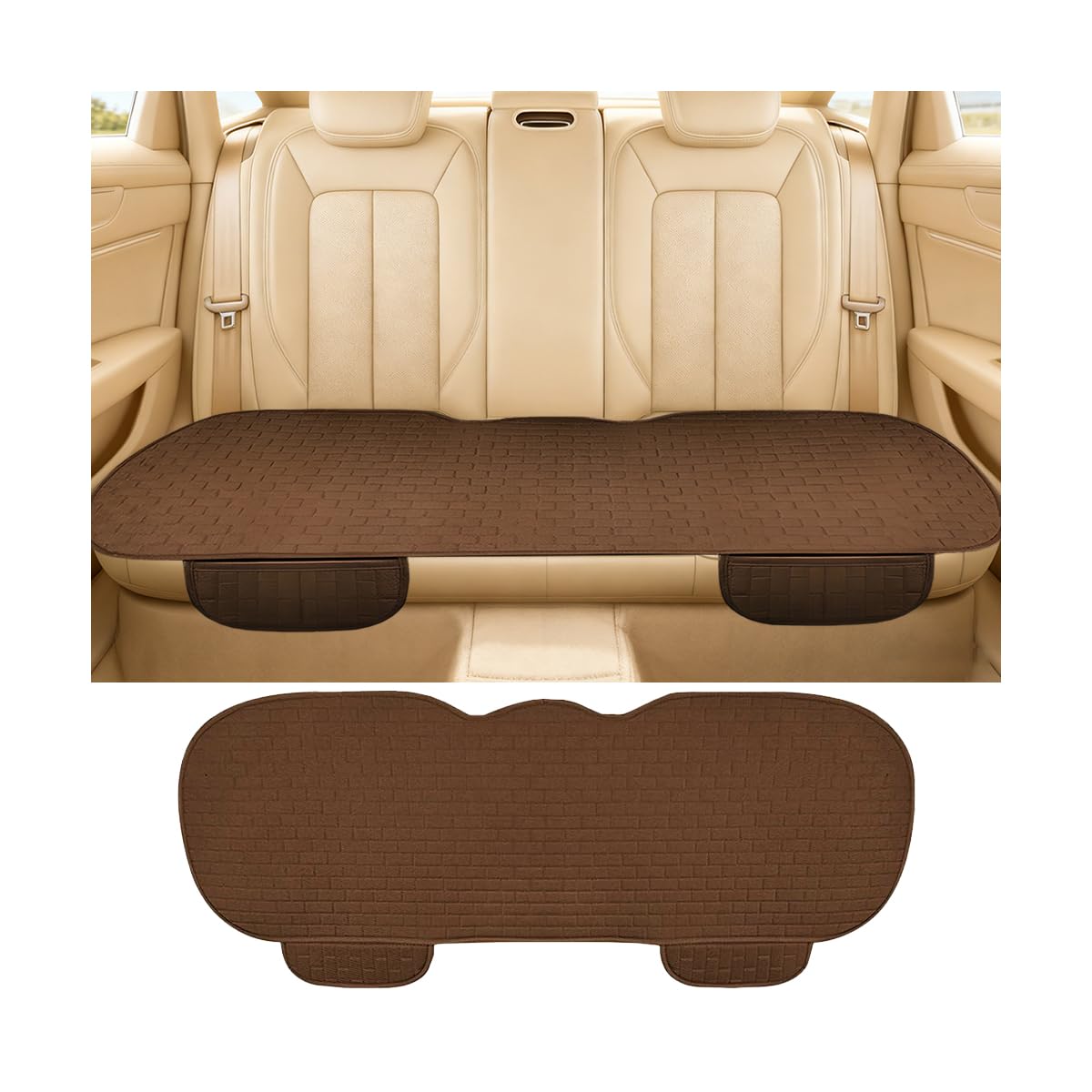 FALVFUN Car Back Seat Cover, Breathable Linen Anti-Slip Vehicle Rear Split Bench Protector with Side Pocket, Auto Backseat Bottom Protection Cushion, Universal for Truck SUV Van (Coffee)