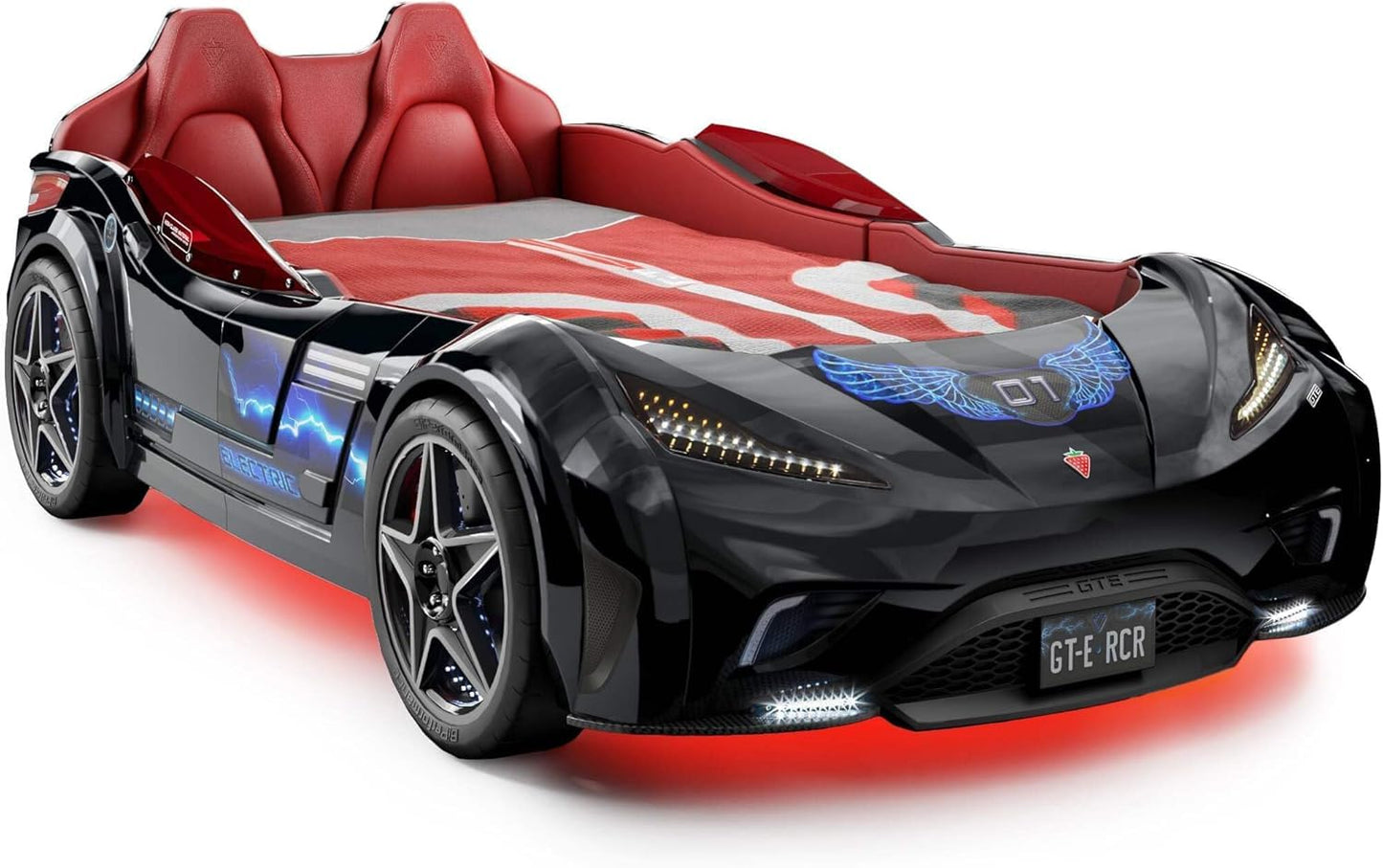 Cilek GTS EV Twin Race Car Bed for Boys with Remote Control, LED Lights & Sounds, Vegan Leather Headboard, Guardrails, Non-Toxic, Fits Twin Mattress, 250 lbs. Capacity, Suitable for ages 3-12, Black