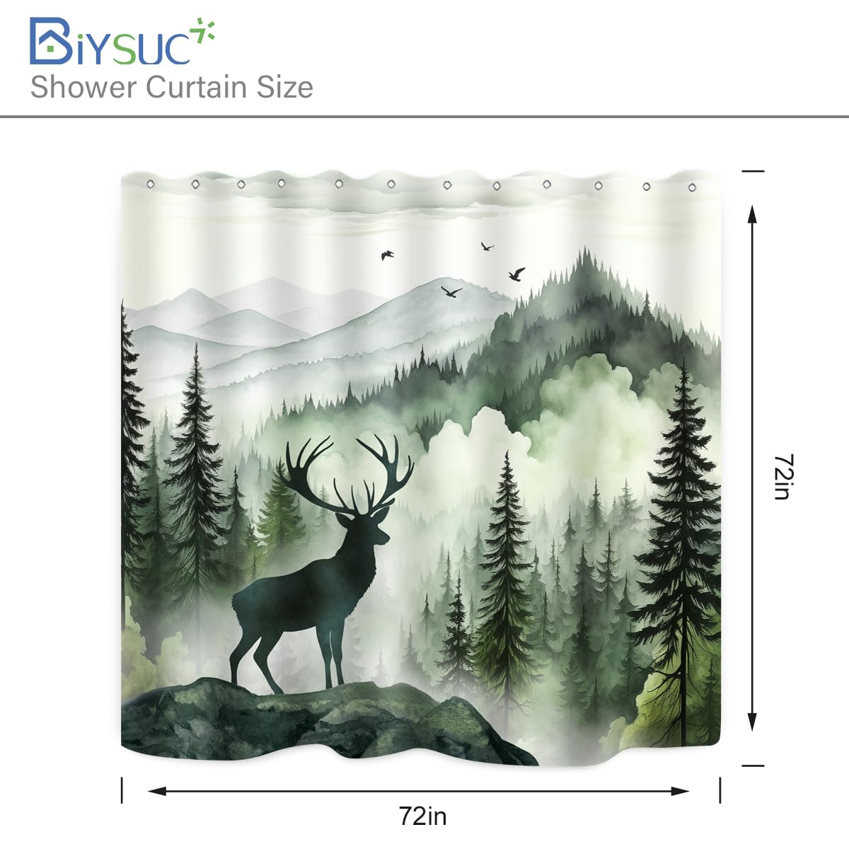 BIYSUC Misty Forest Deer Shower Curtain Nature Mountain Landscape Woodland Animal Bathroom Home Decor Waterproof Polyester Fabric 72Lx72W Inch with Hooks
