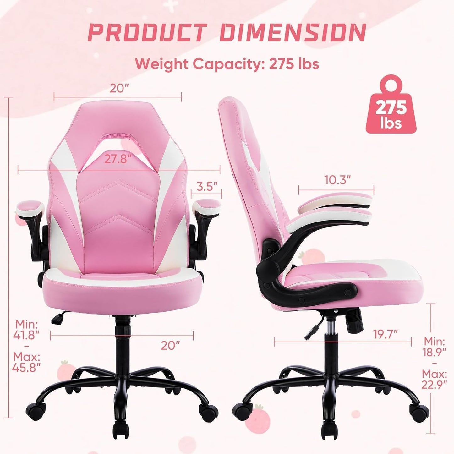OLIXIS Computer Gaming Desk Chair - Big and Tall Ergonomic Lumbar Support with Flip-up Armrest and 360° Swivel Wheels, PU Leather Height Adjustable, for Home and Office, Pink and White