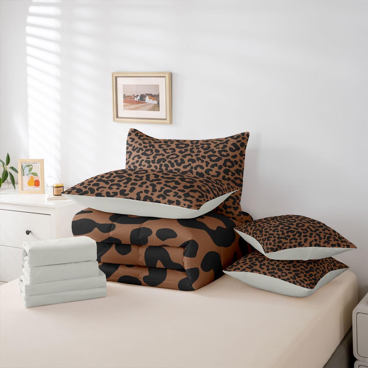 Erosebridal Leopard Print King Bedding Set 7 Piece for Boys Brown Cheetah Decor Bed in A Bag for Kids Teens Youth Adult African Safari Animal Comforter Set with Sheet Cat Panthera Bed Sets