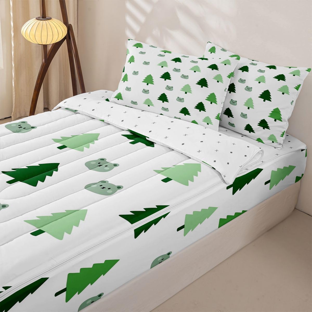 jejeloiu Cute Bear Zipper Bedding Cartton Tree Comforter Set for Kids Boys Girls Twin Size Green White Zippered Kids Bedding Set Ultra Soft Cute Wild Animal Bed in a Bag