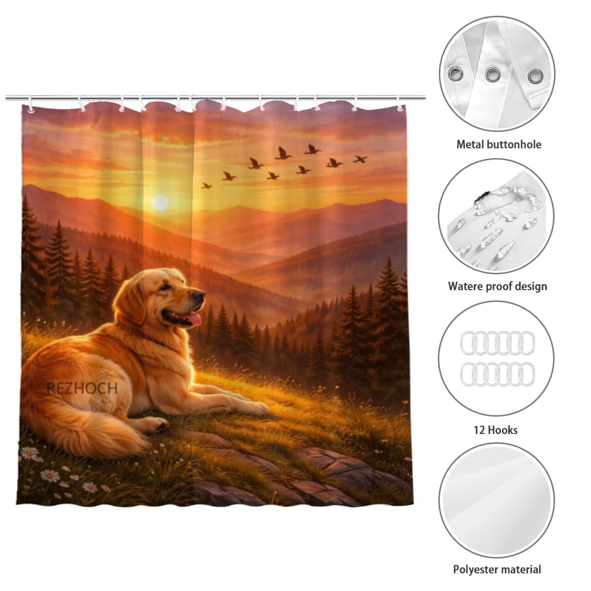 REZHOCH Funn Animal Shower Curtain 72x72Inch,Cute Golden Retriever Sunset Mountain,Nature Forest Warm Spring Sky Birds Bath Set,Waterproof Fabric Home Bathroom Farm Decor with Hooks