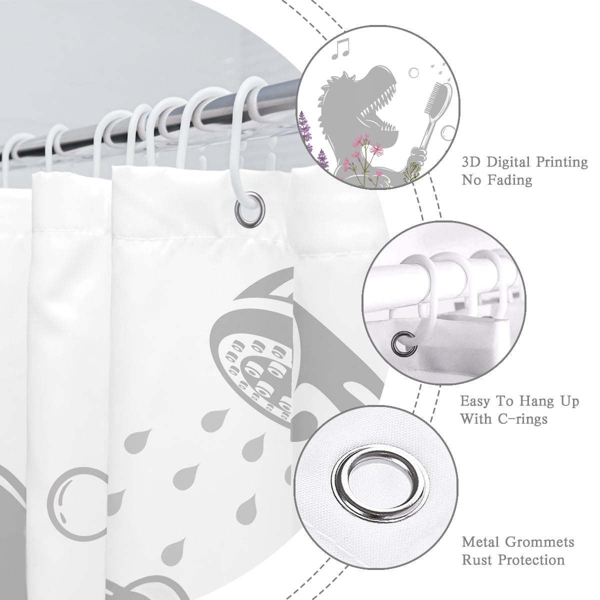 BIYSUC Dinosaur Shower Curtain Funny Dino Sing Bathe Behind Wildflowers Trex Silhouette Shadow for Kids Bathroom Home Decor Waterproof Polyester Fabric 72Lx72W Inch with Hooks