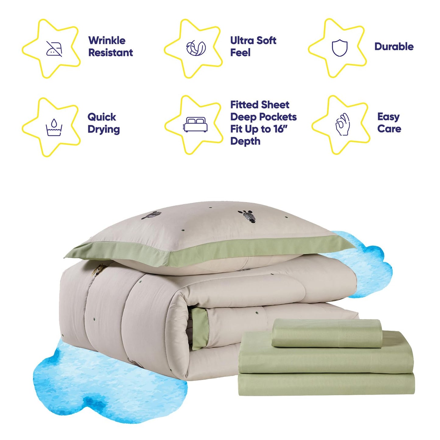 Kids Jungle Safari Comforter Set Twin Size – Bed in a Bag with Savanna Animals, Sheets, Pillowcases & Shams – Soft Bedding with Lions, Giraffes, Elephants, and More – Boys or Girls Bedroom Decor