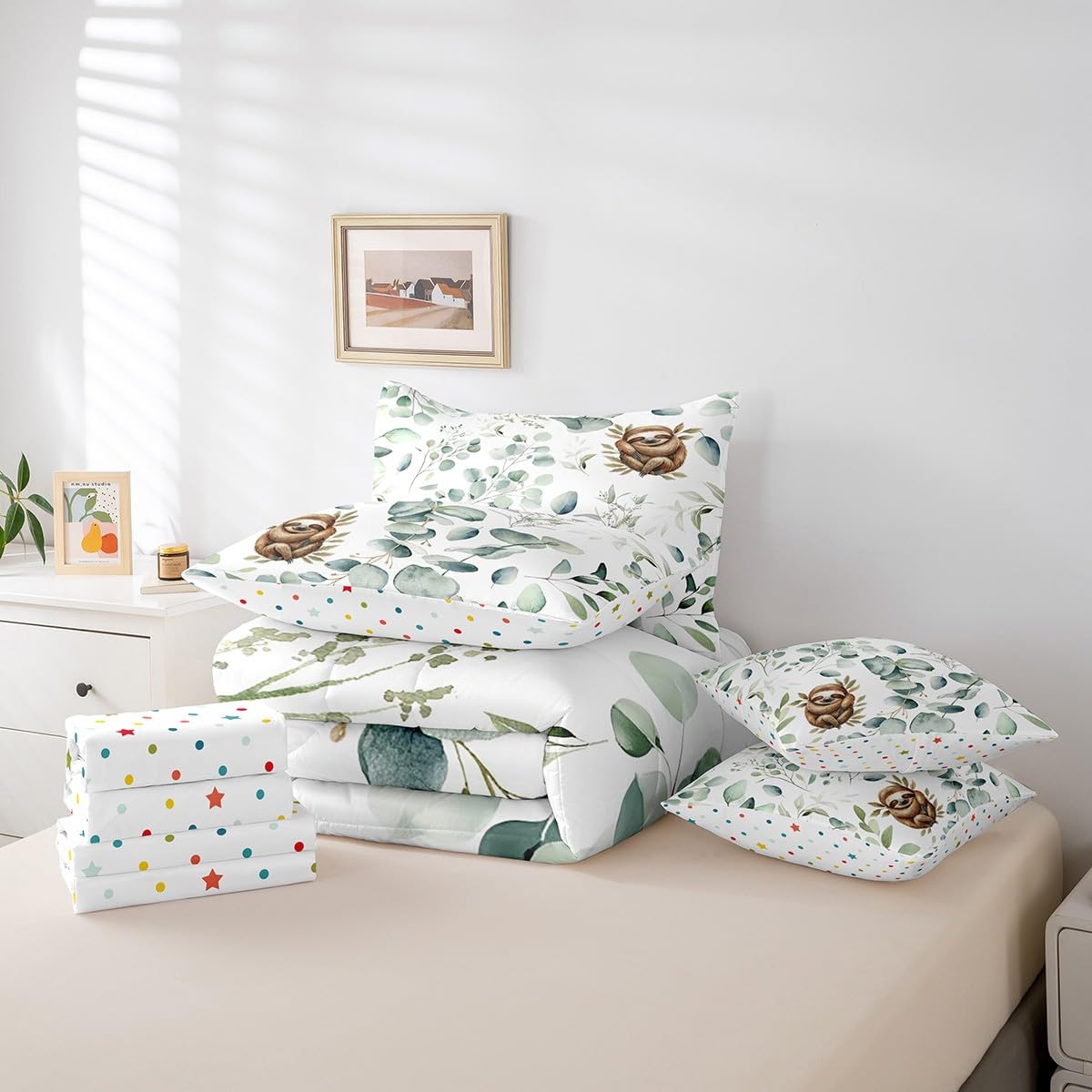 Erosebridal Girls Kawaii Animal Bedding Comforter Sets 7pcs Cute Sloth Bed in a Bag, Cartoon Wildlife King Bedding Sets Green Leaf Comforter Set, Spring Garden Plant Bedding Sets Kids Bedroom Decor