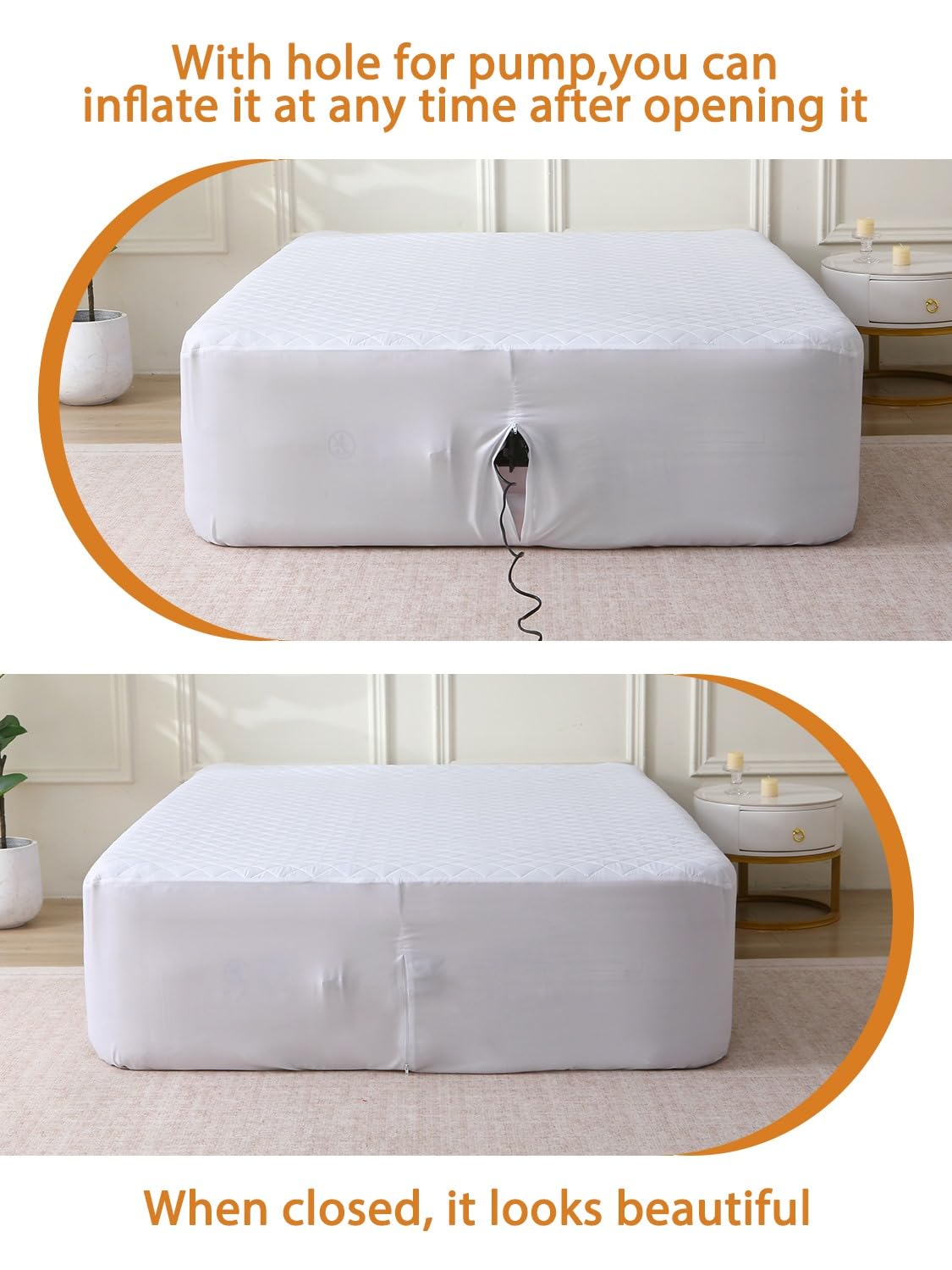 Bedecor Twin Quilted Air Mattress Pad with Pump Access Zipper,Air Bed Protector Cover, Deep Pocket Fits 18-24 Inch Blow Up Beds, Quiet & Breathable,White Diamond