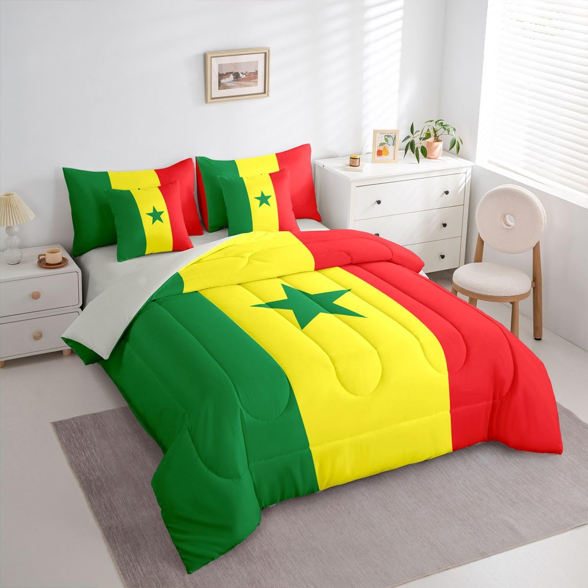 Feelyou Senegal Paisley Flag Comforter Set with Sheets 7 Piece King Size Senegalese Paisley Bedding Set for Kids Boys Girls International Flag Bed in a Bag Room Decor Soft Lightweight Microfiber
